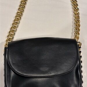 Express Black Leather Crossbody with Gold Chain Strap